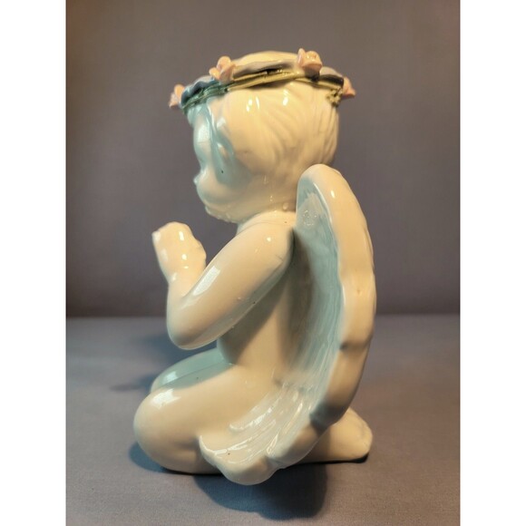 Praying Angel Cherub Figurine w/ Wreath Garland 7'' Kneeling White Ceramic - Picture 4 of 6